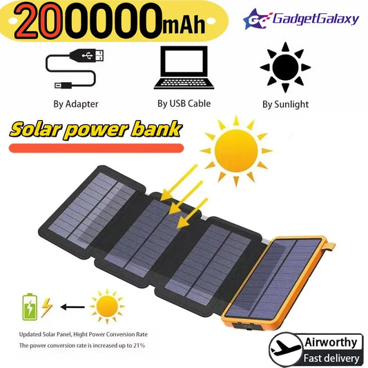 200000mAh Portable Solar Power Bank USB Super Fast Charging Folding Solar Panels Outdoor Camping Waterproof Sun Power For iPhone