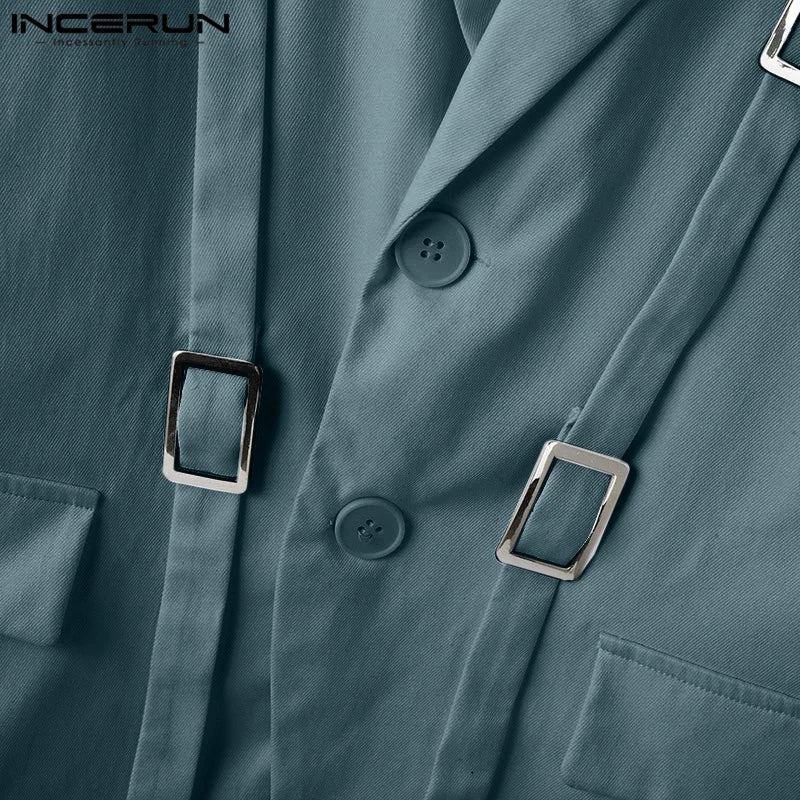 INCERUN Tops 2025 American Style Fashion Men Hollow Button Design Suit Coat Casual Streetwear Solid Long Sleeved Lace Up Blazers