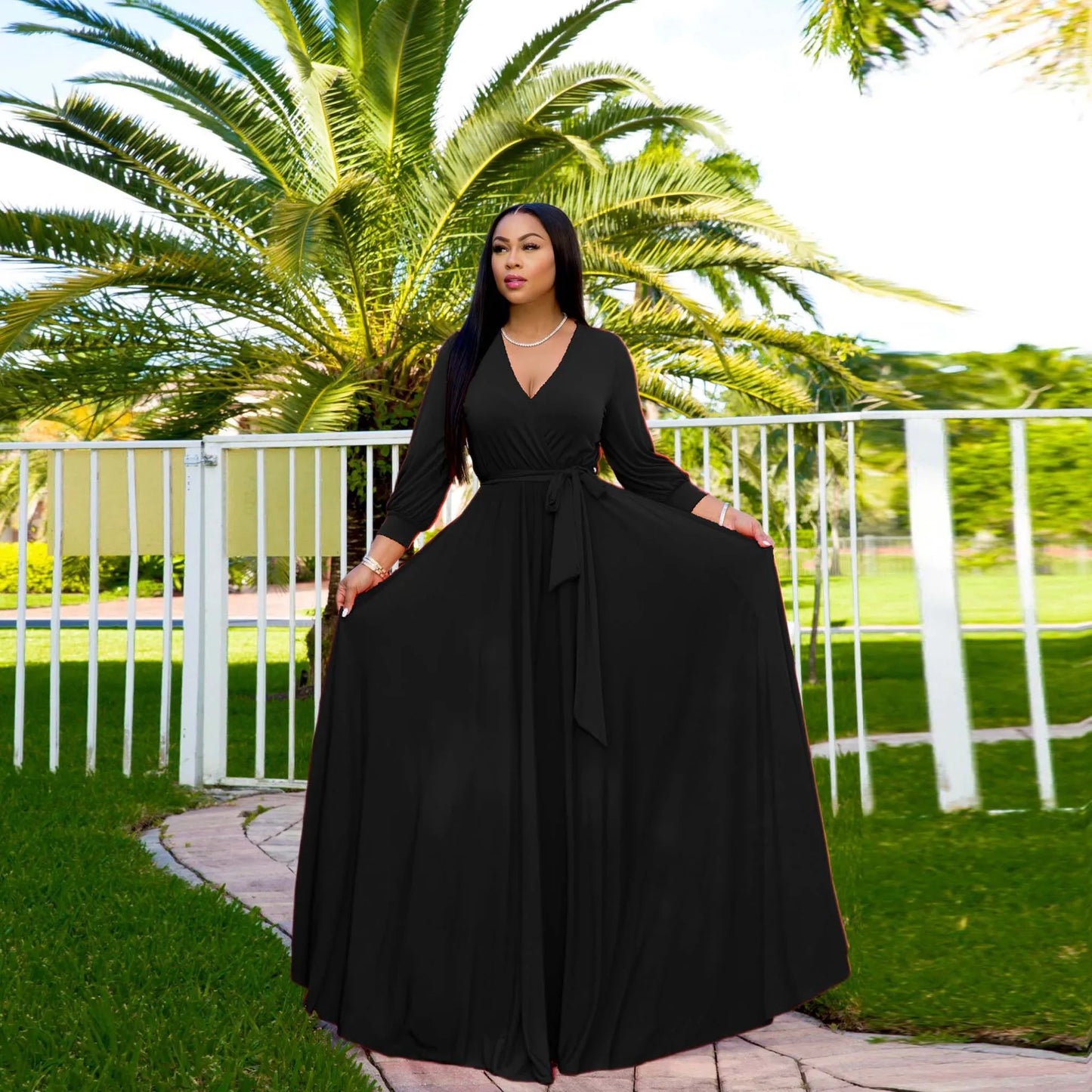 CM.YAYA Elegant Women Wraped V-neck Long Sleeve with Sashes Maxi Long Dress Chic INS Sexy Party Prom Big Swing Pink Dresses