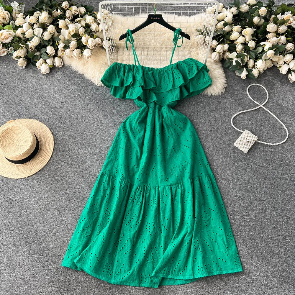 SINGREINY High Street Cotton Embroidery Long Dress Women Hollow Out Backless Beach Sundress Fashion Off the Shoulder Sexy Dress