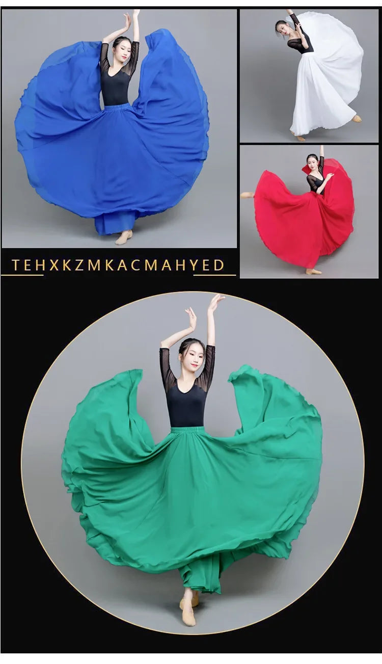 720 Degree Wide Dancing Skirt Chiffon Double Layer Semi-Long Dress Women's Solid Color Xinjiang Dance Skirt