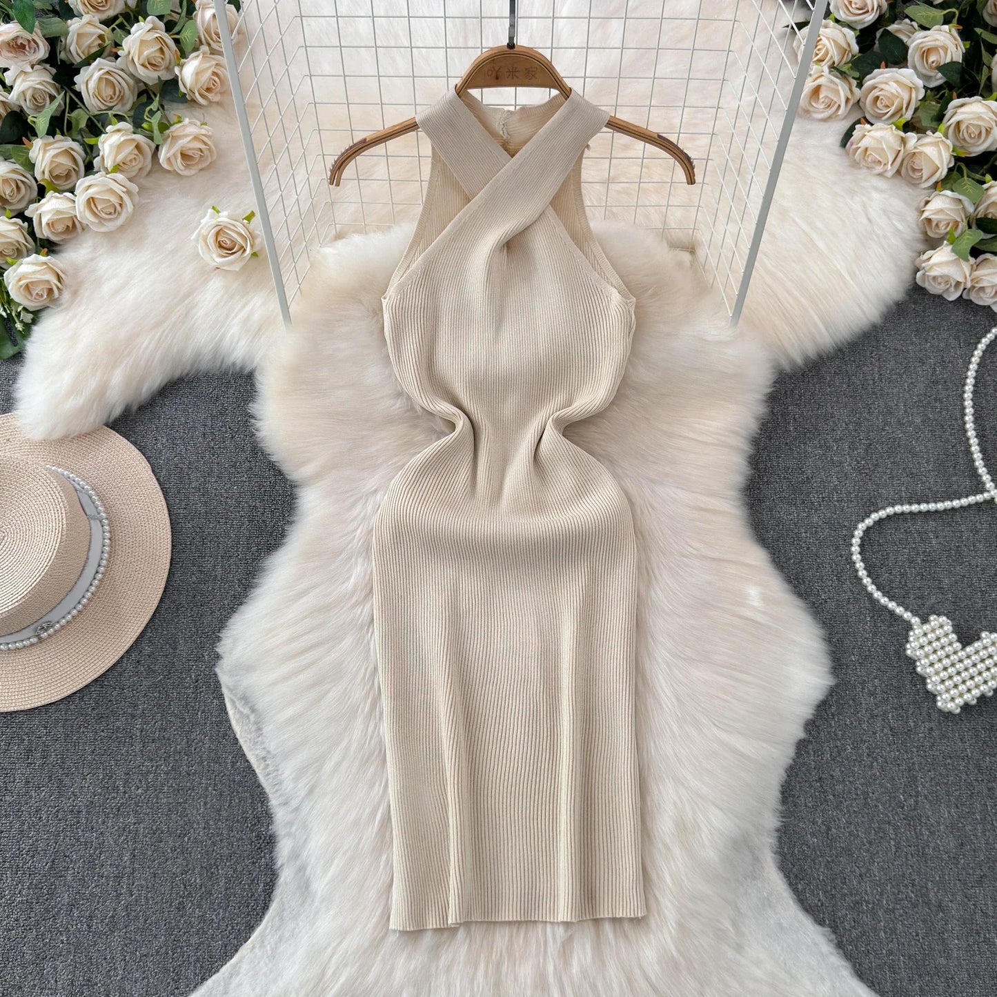 Solid 2024 Cross Knitted Women Dress Summer Strap Sleeveless Bodycon Dress Europe Style Halter Ladies Sexy Midi Long Dress
