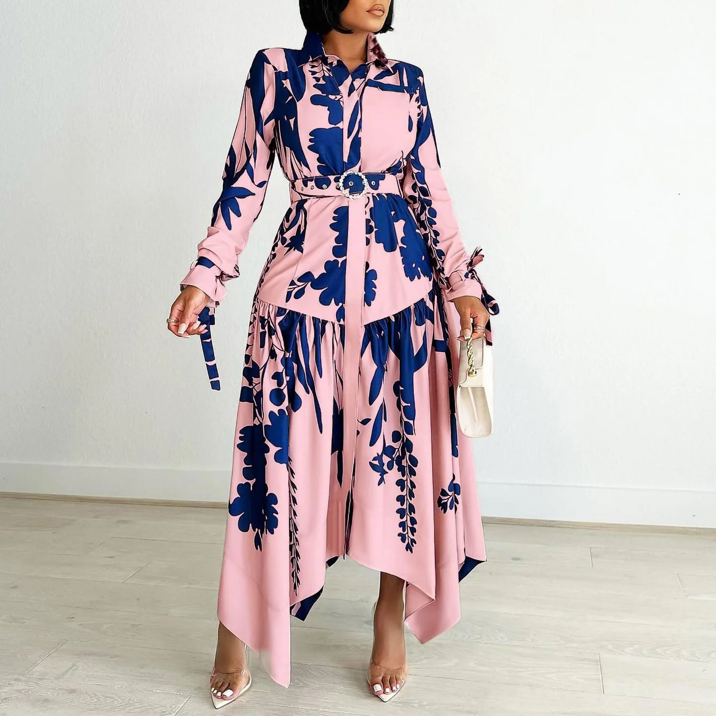 Spring Casual Printed Irregular Maxi Dress Women Printing Button Party Evening Holidays Long Dress with Belt Women