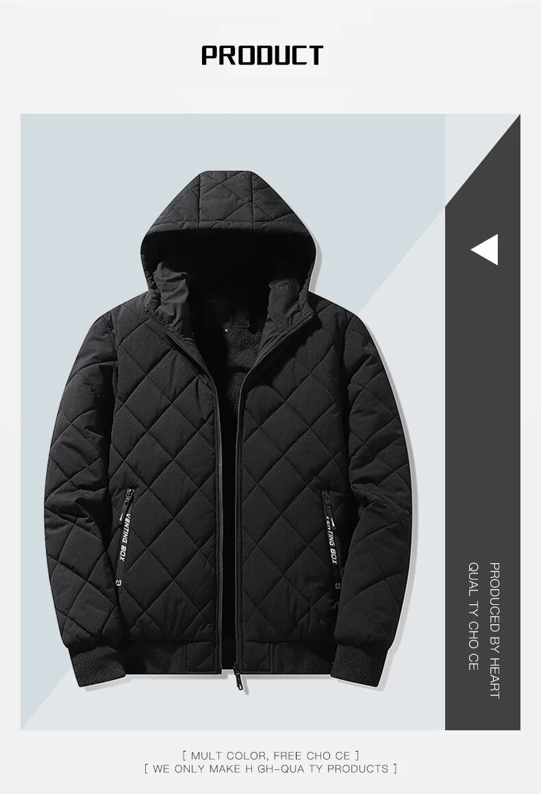 Jackets for Men with Hood Autumn Winter Cotton Padded Jacket Men Fashion Clothing Rhombus Texture Casual Parkas Plus Size 5XL