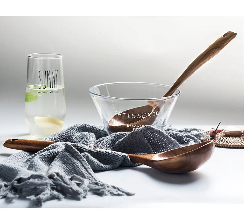 1~9PCS Thailand Teak Natural Wood Tableware Spoon Ladle Turner Long Rice Colander Soup Skimmer Cooking Spoons Scoop Kitchen Tool