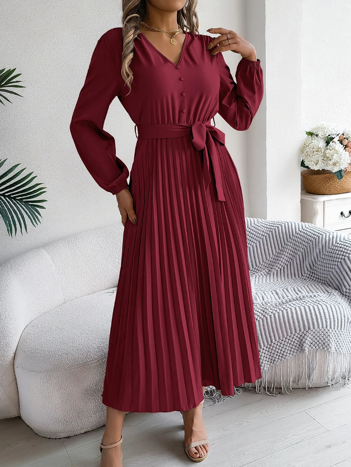 Autumn Winter Elegant V-Neck Button Belt Long Sleeved Solid Color Pleated Long Dress For Women Dresses