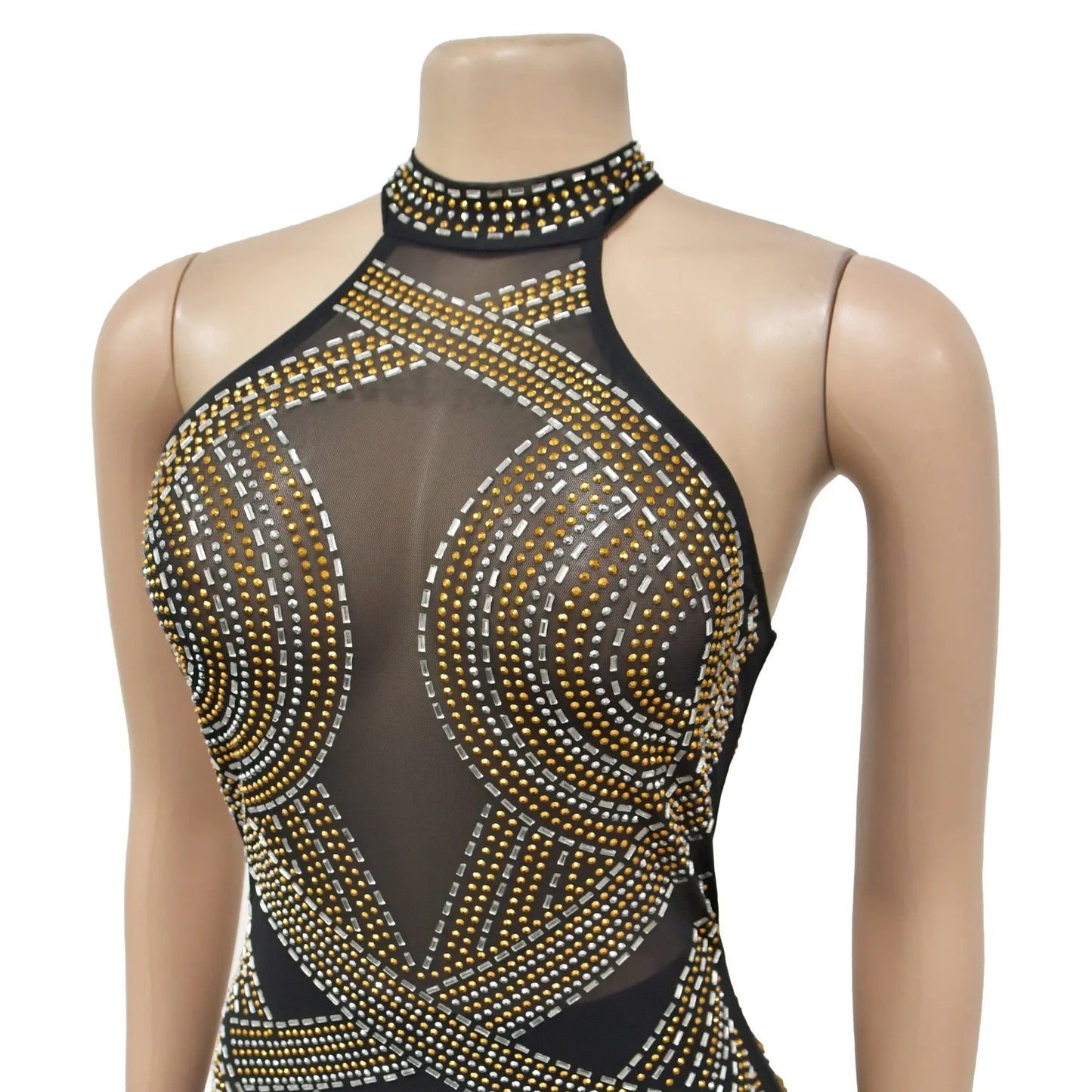 Fashion Women's Wear Solid Color Mesh Hot Rhinestone Halter Maxi Dress Sleeveless Formal Evening Long Dress Skinny Slim