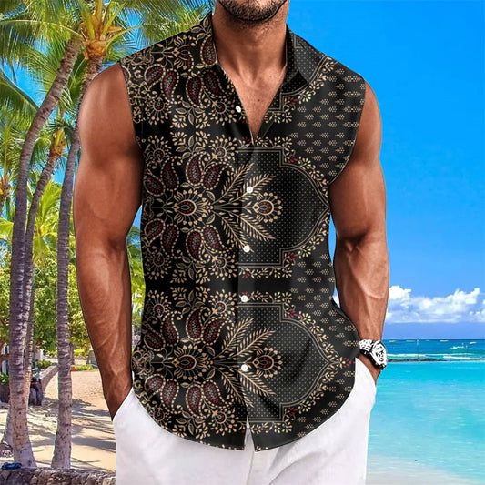 Ethnic Style Men's Shirts Cashew Flower Print Sleeveless Lapel Tops Hawaiian Shirt For Men Casual Vintage Oversized Men Clothing