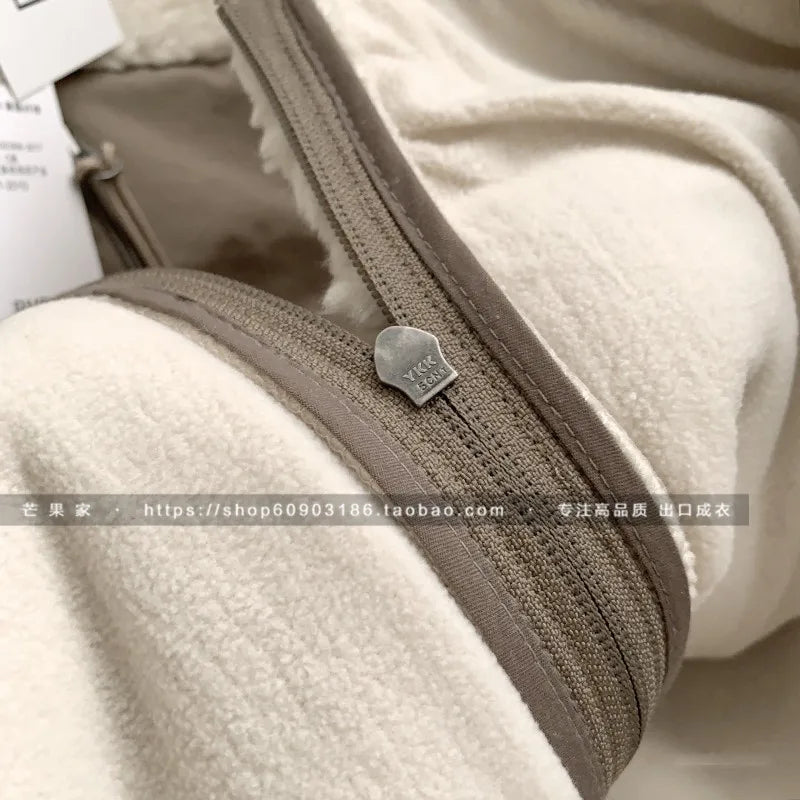 Autumn Winter Lambswool Coat Male Loose Windproof Warm Sherpa Stand Collar Polar Fleece Jacket Unisex Simple  Pocket Spliced Top