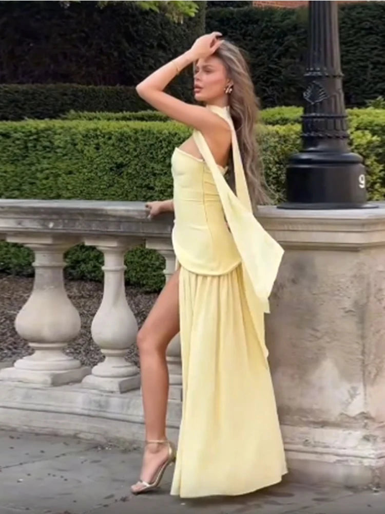 Elegant Yellow Gauze Off Shoulder Scarf Neack Long Dress Women Fashion Sleeveless A-line Vestido 2025 Summer Vocation Party Robe
