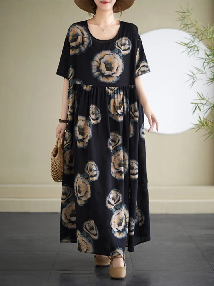 Oversized Summer Bohemian Style Long Dress Women Ruffle Pleated Fashion Flower Print Ladies Dresses Loose Casual Woman Dress
