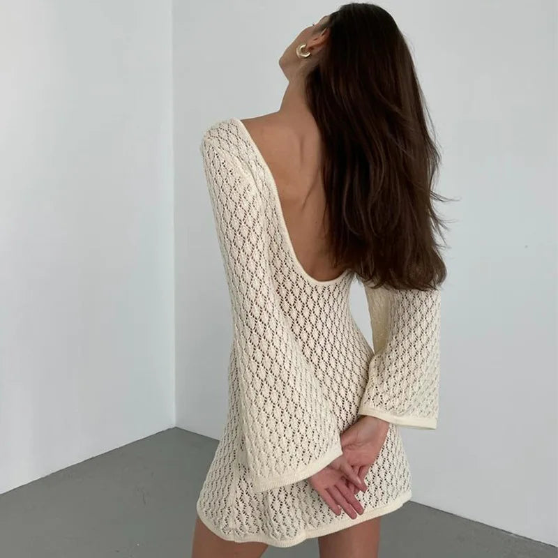 Sexy Cover Up Long Sleeve Long Dress Women Backless Beach Wear Bathing Suit Knitting Swimwear knitted Beach Dress Tunic Robe