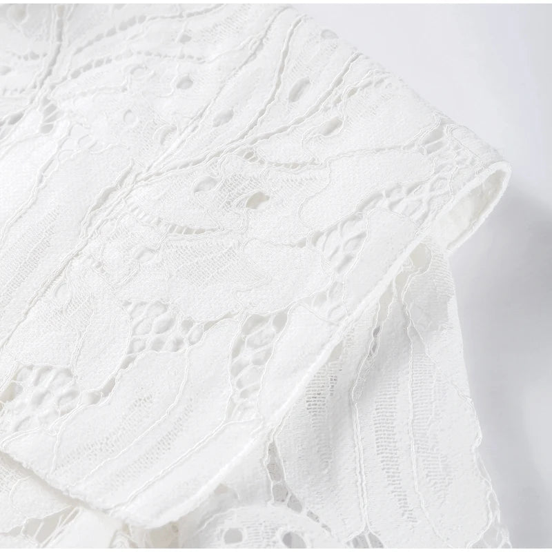 Elegant Lace Hollow Out Long Dress Women High Collar Long Sleeve Slim Solid Dresses 2025 Spring Summer Patchwork Lady Party Robe