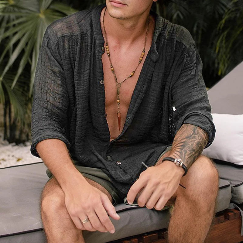 Cotton Linen Shirt Men's Vintage Stand Collar Buttoned Tops Beach Loose Shirts For Men Loose Solid Half Sleeve Casual Clothes