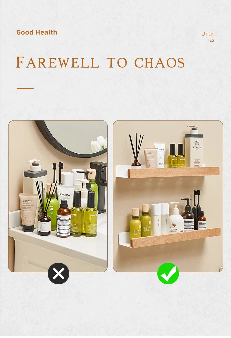 Bathroom Rack Wall-mounted Shower Room Toilet  Nordic style Shelf Cosmetic Storage kitchen Multi-purpose Shelf Solid Wood