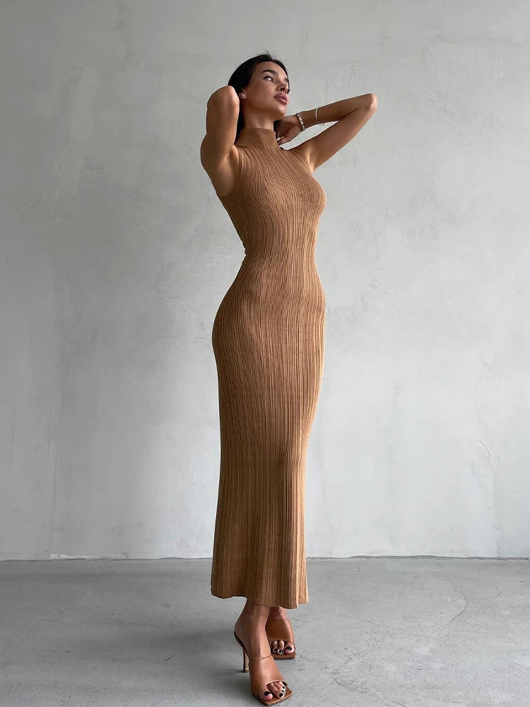 2024 Spring Summer Knitted Long Dress Women Elegant Turtleneck Sleeveless Basic Bodycon Solid Maxi Dresses Female Vestidos