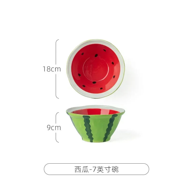 Watermelon Bowl Ceramic Bowl Plate Set Home Ramen Bowl Cute Hand-painted Tableware Children's Rice Bowls Kitchen Accessories