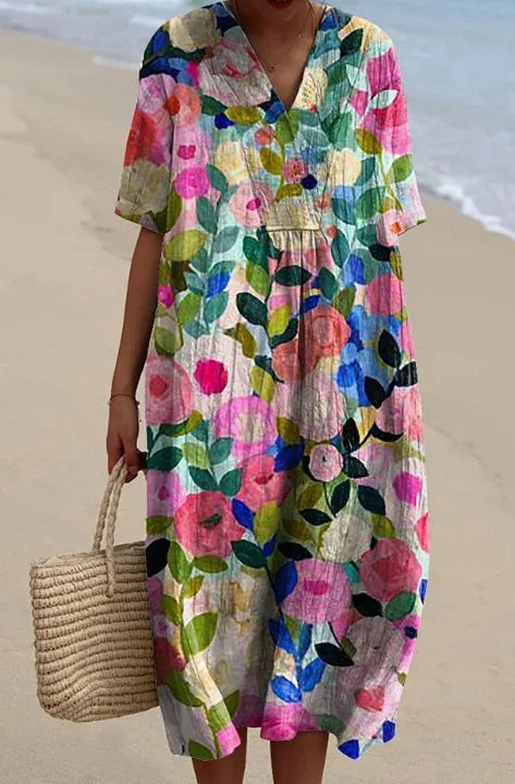 Summer Women Print Dress New Fashion V Neck Short Sleeve Loose Holiday Casual Dresses Female Beach Party Vestidos Robe Femme