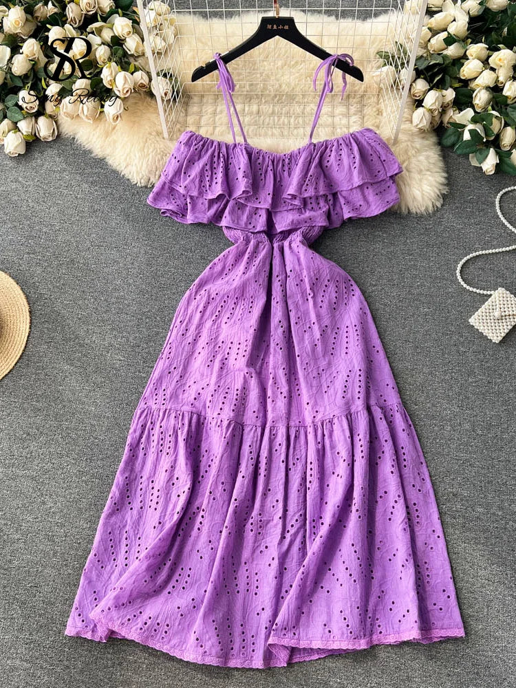 SINGREINY High Street Cotton Embroidery Long Dress Women Hollow Out Backless Beach Sundress Fashion Off the Shoulder Sexy Dress