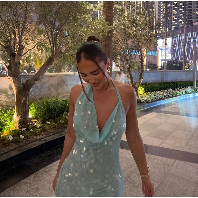 Elegant Sequin Halter Long Dress Women Sexy Bule Backless Sleeveless Slim Asymmetrical Beach Dresses Lady Chic Party Holiday