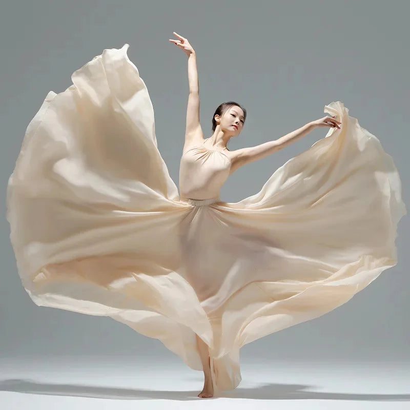 720 Degree Wide Dancing Skirt Chiffon Double Layer Semi-Long Dress Women's Solid Color Xinjiang Dance Skirt