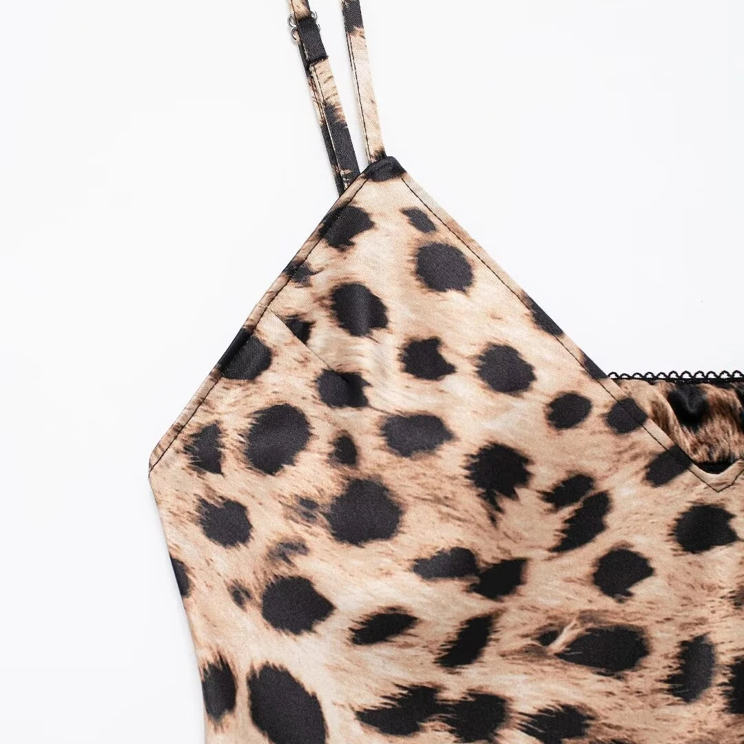 TRAF Women Fashion Summer New Underwear Backless Satin Texture Leopard Print Long Dress Chic Female French Elegance Evening