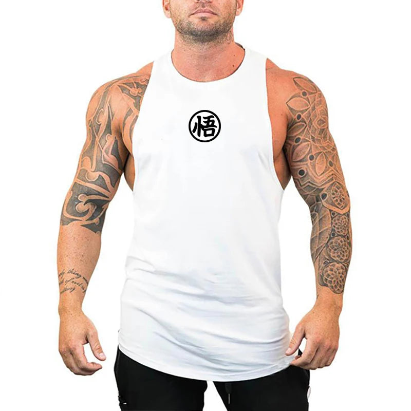 Japanese Anime Logo Wu Font Funny Printing Summer Clothing Gym Stringer Tank Top Men Fitness Sleeveless Shirt Bodybuilding Vest
