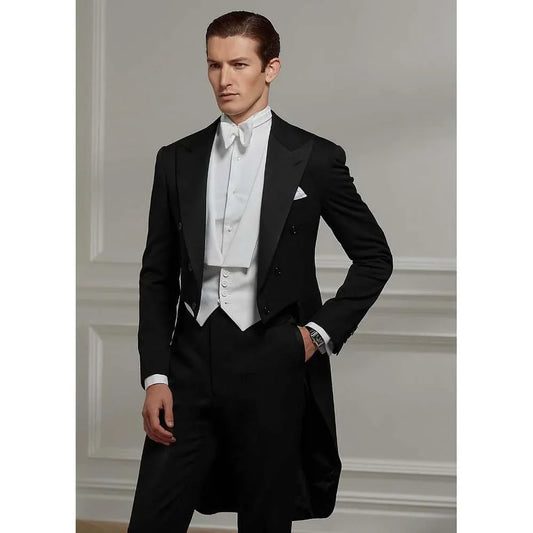 England Style Men Suits Elegant Peak Lapel Double Breasted Tailcoat Fashion Prom Concert Wedding Formal Male Suit 3 Piece Set