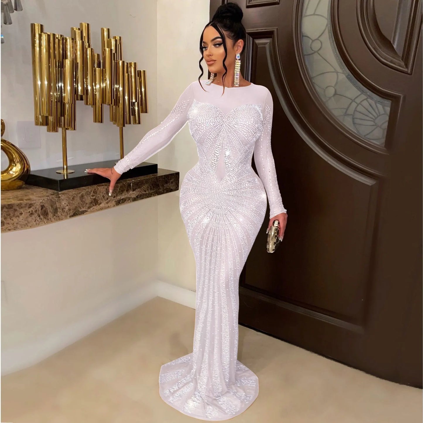 Sexy Rhinestone Crystal Mesh See Through Maxi Dress New Women Long Sleeve Birthday Night Clubwear Long Dress Wedding Party Dress