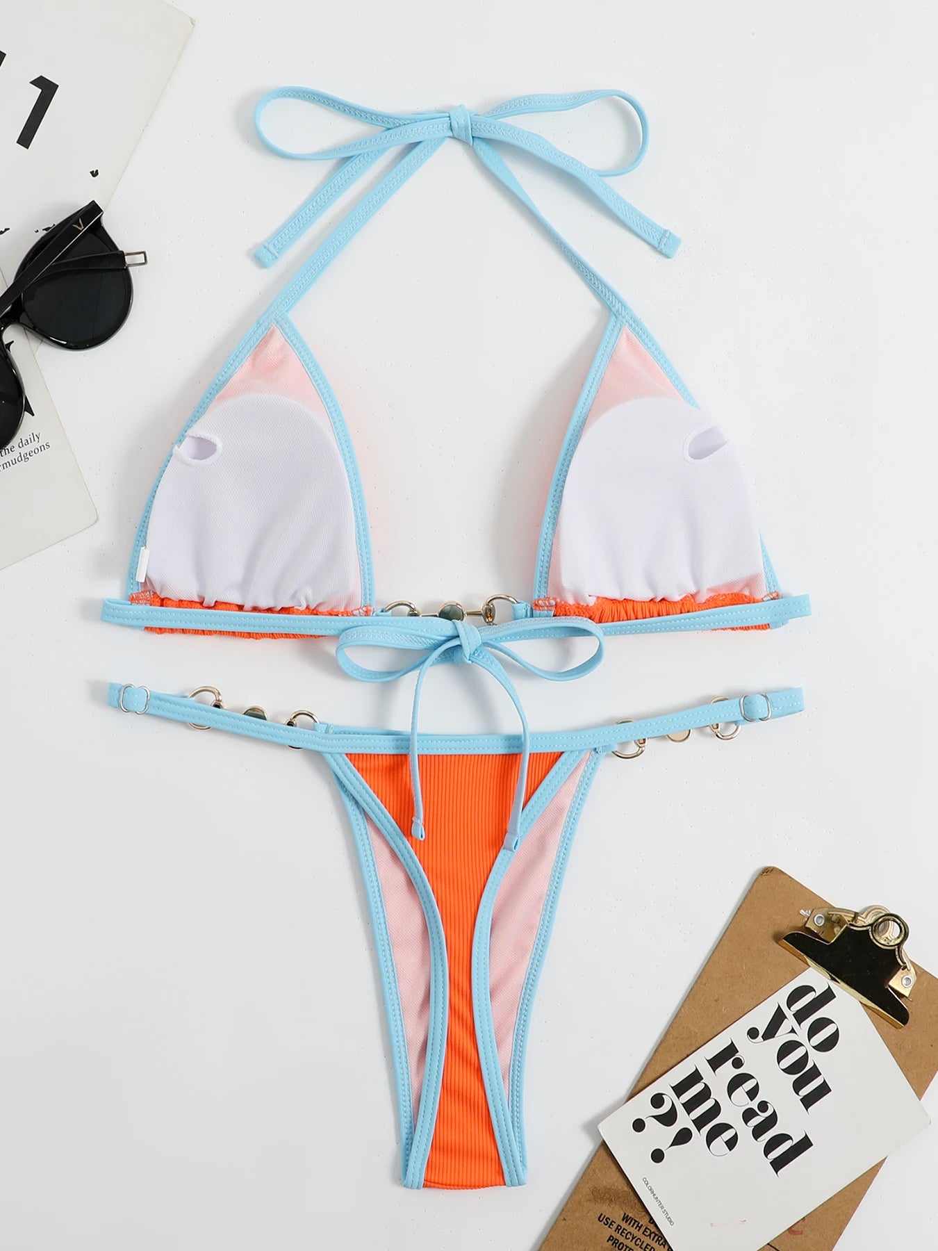 2023 New Sexy Ribbed Bikini Set Pearl Swimwear Women Swimsuit Female Halter Strappy Bikini Patchwork Bathing Suit Beachwear Swim