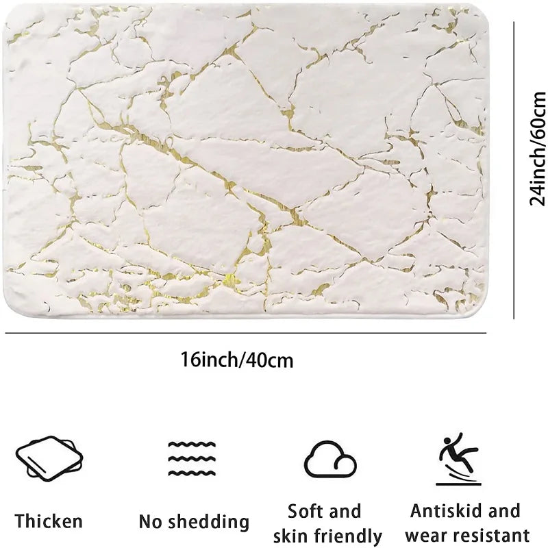 Inyahome Bath Mats for Bathroom Luxury White and Gold Non Slip and Soft Bathroom Rug Absorbent Bath Rug Decor for Kitchen Indoor