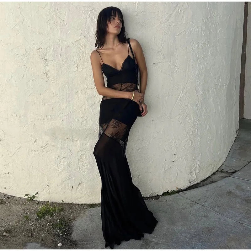 New Sexy Lace V-neck Sling Long Dress Women Retro Black Perspective Sleeveless Patchwork Maxi Dresses Female Chic Street Party