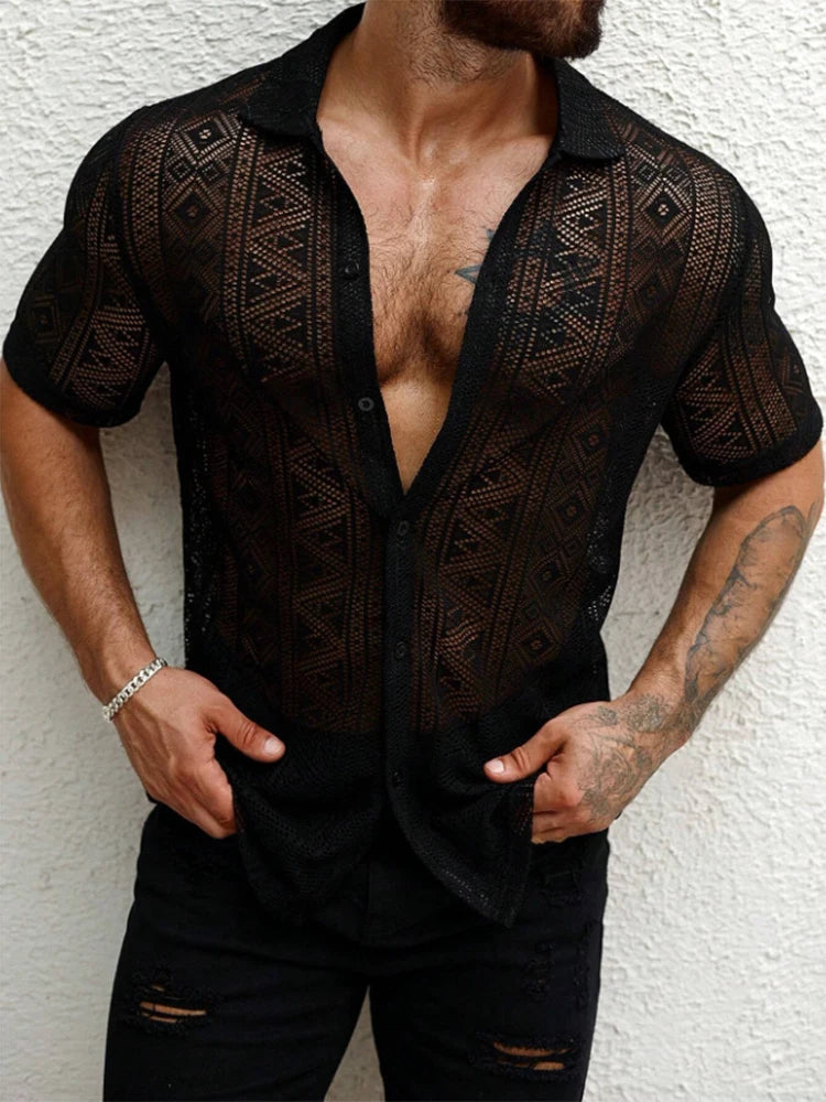 2025 Summer Trendy Mens Mesh Shirts Stylish Short Sleeve Hollow Out Mesh Shirt Vacation Men Sexy See Through Lace Cardigan Tops
