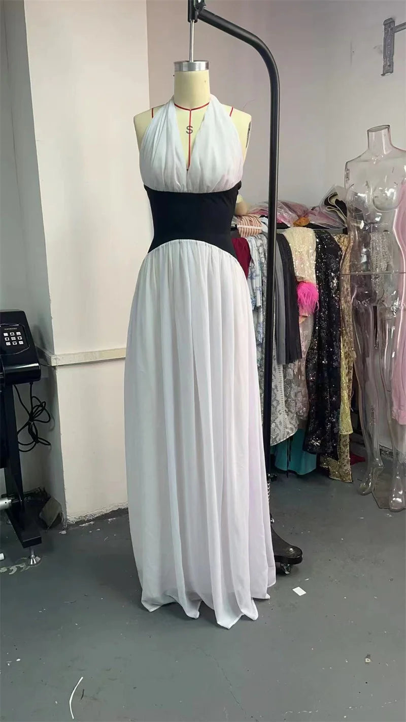 Mozision Halter Deep V Neck Backless Sexy Maxi Dress Women Gown Fashion Patchwork Sleeveless High Waist Club Party Long Dress