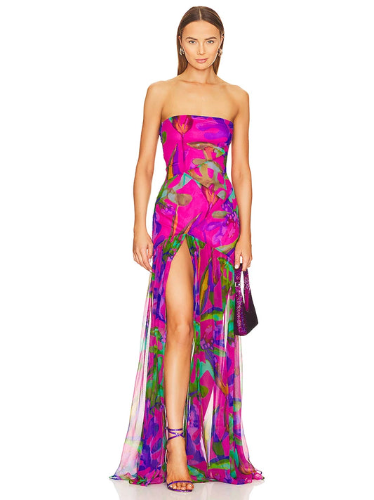 Summer Strapless Floral Printed Long Dress Women Fashion Sleeveless Print Split Maxi Dress Elegant Beach Party Evening Dresses