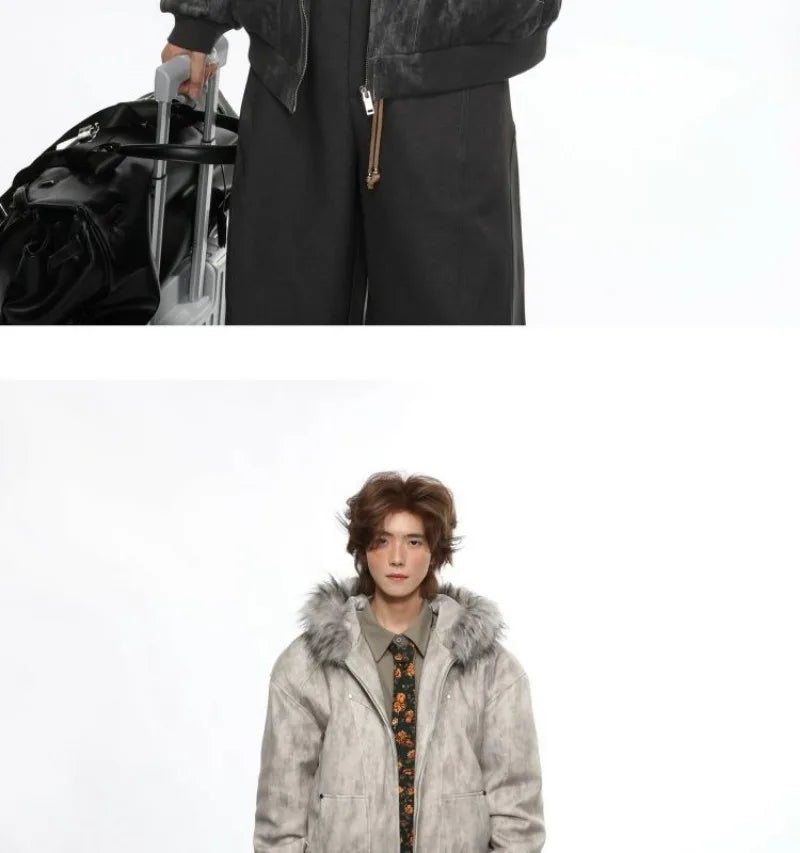 Y2K American New Fashion Solid Color Plus Velvet Padded Cotton-padded Jacket Coat Men Harajuku Hip-hop Popular Casual Couples
