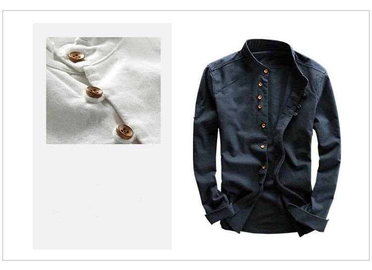 Men Spring Autumn Japan Vintage Style Cotton Linen Shirts Stand Collar Slim Fit Single Breasted Simple Design Soft Casual Shirt