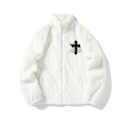 American Style New Hip-hop Embroidered Jacket Men's Imitation Rabbit Fur Stand Up Collar Unisex Loose Cotton Jacket