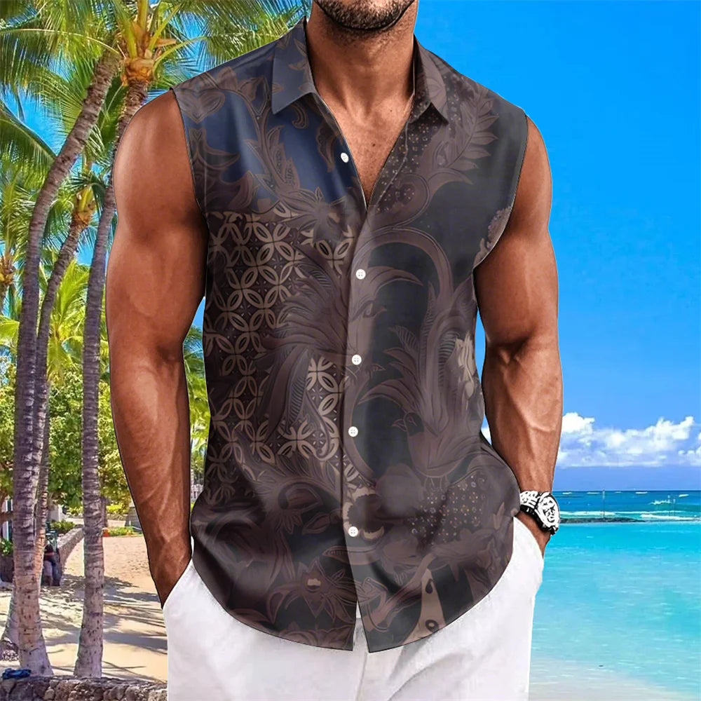 Ethnic Style Men's Shirts Cashew Flower Print Sleeveless Lapel Tops Hawaiian Shirt For Men Casual Vintage Oversized Men Clothing