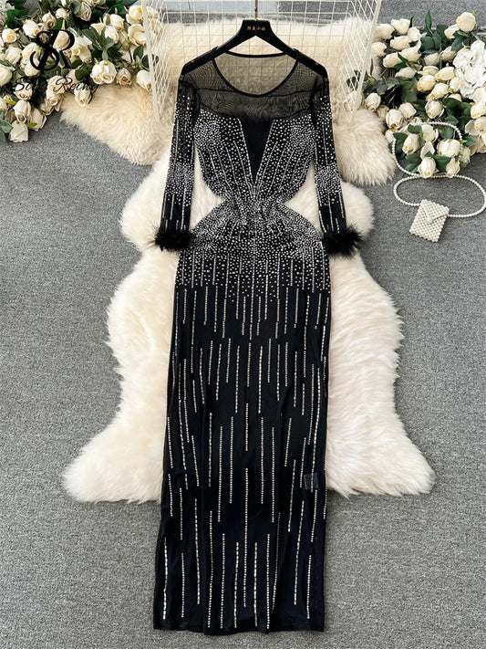 SINGREINY 2024 New Fashion Bodycon Long Dress Europen O Neck Long Sleeve Feather Female Senior Mesh Transparent Diamonds Dress