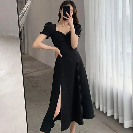 Sweet Vintage French Style Women's Long Dress Summer Hot Sale Of The Season New Bubble Sleeve Square Collar A- Line Split Skirt