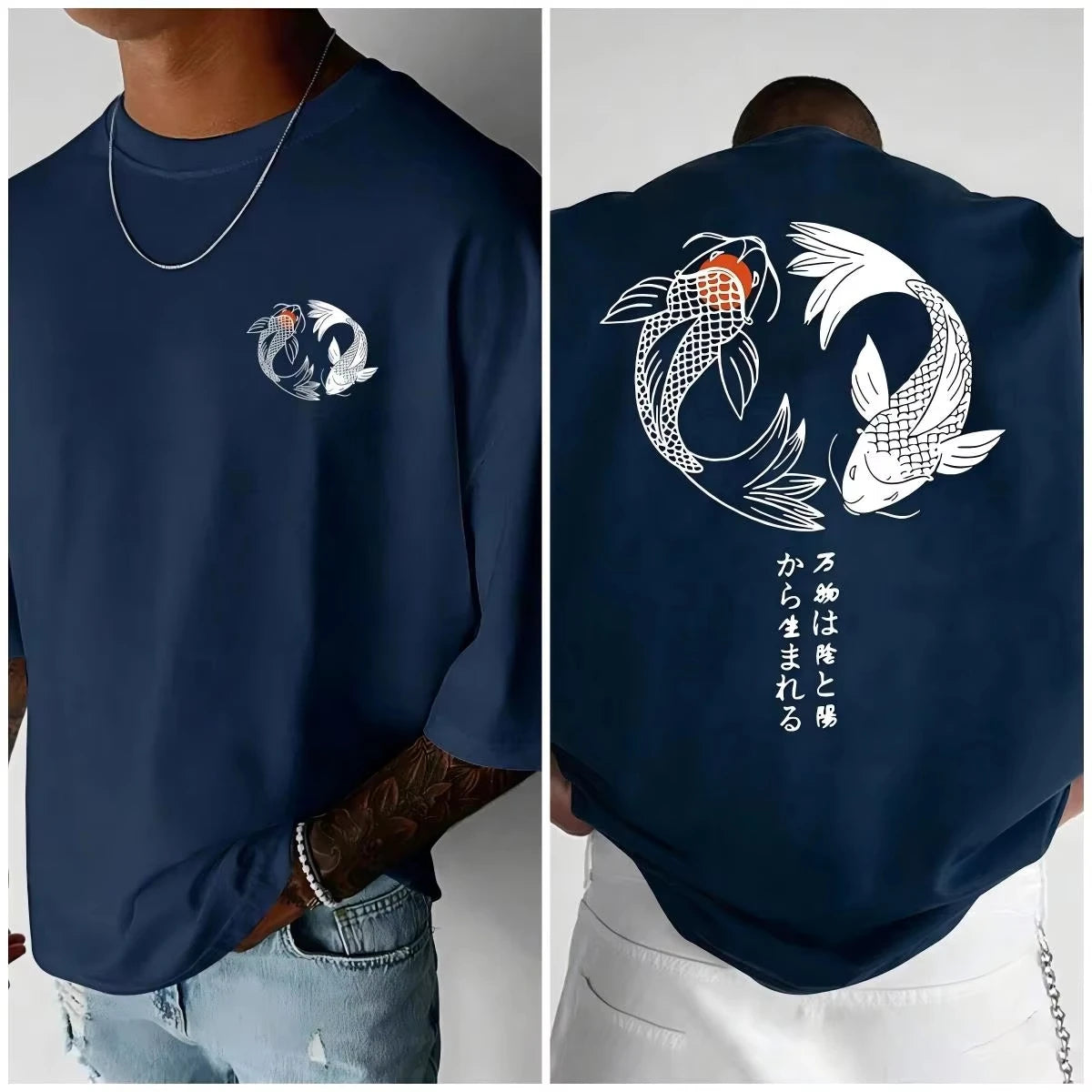 Japanese Koi Harajuku Illustration Pattern T-Shirt Men Summer Casual T Shirt Soft Fashion Short Sleeve Loose Cotton Sportswear