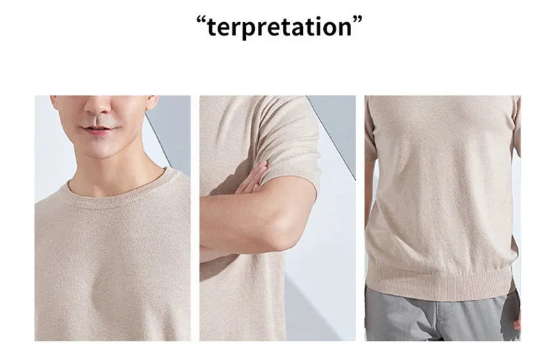 Superfine Merino Cashmere Knitted O-neck T-shirt for Men's Clothing Short Sleeve Tee Solid Color Trend Leisure Tee Tops ﻿