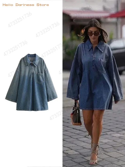 Women's Denim Dresses Lapel Zip Mini Long Sleeve Dresses Fashion Casual Loose Patch Pocket Party Commuter Denim Dresses