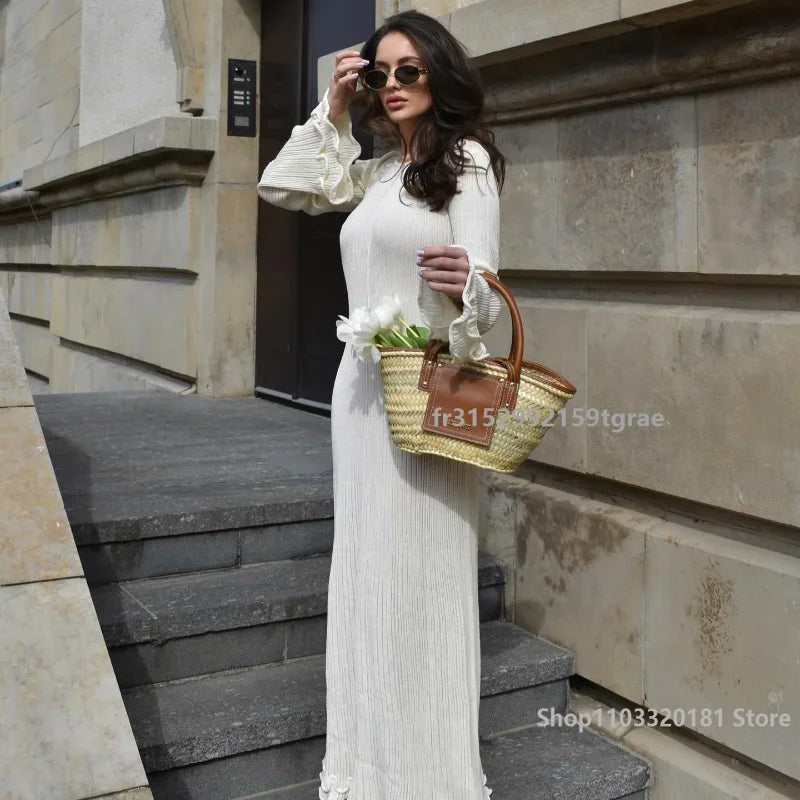 Fashion Solid Ruffles Pleated Loose Long Dress Women Elegant Round Neck Flare Long Sleeves Maxi Dresses Lady High Street Wear
