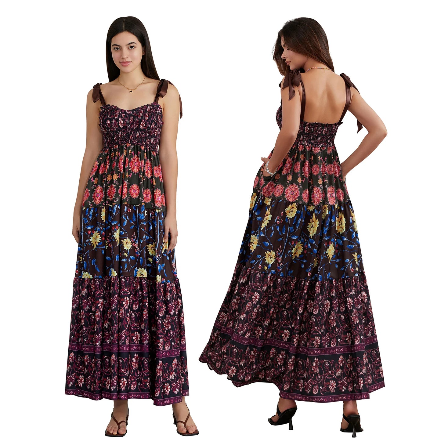 Combhasaki Women's Y2K Vintage Floral Print Ribbon Tie-Up Shoulder Straps Sleeveless V-Neck Summer Big Swing A-line Long Dress