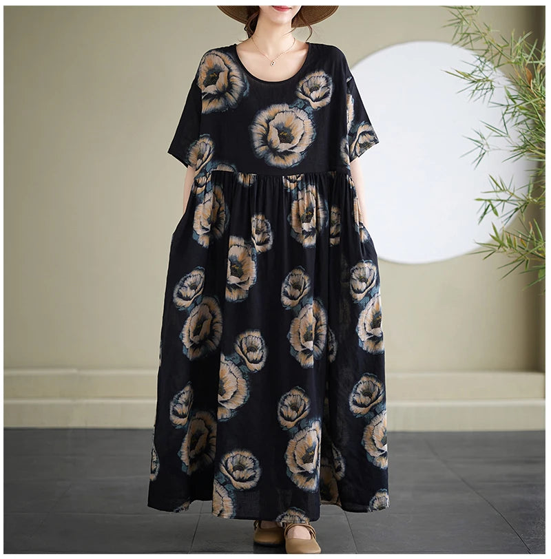 Oversized Summer Bohemian Style Long Dress Women Ruffle Pleated Fashion Flower Print Ladies Dresses Loose Casual Woman Dress