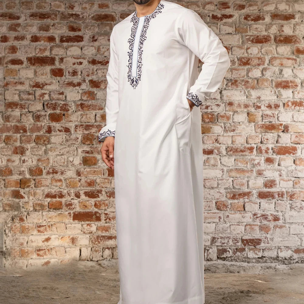2025 New Men's Luxury White Muslim Moroccan Style Abaya Classic Embroidered Long Sleeve Formal Wear Islamic Arabic Thobe