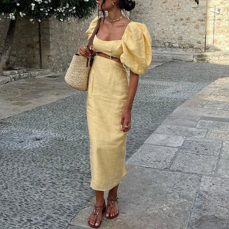 Women Sexy YellowSlash Neck Hollow Straight Show Waist Party Dresses Summer Elegant High waisted Slim Women Long Dress Vacation