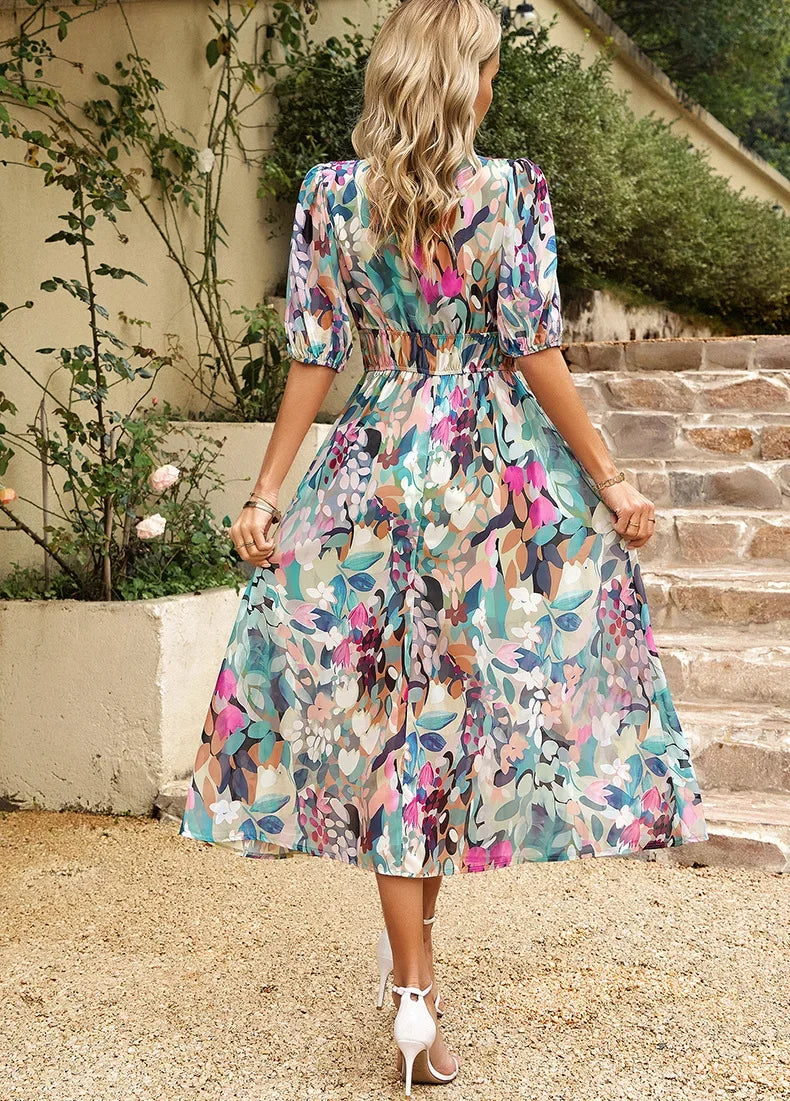 2024 Elegant High Quality Design summer long Dress Waist Cinching V-neck Print Elastic Waist Maxi  Dresses for Women Clothing